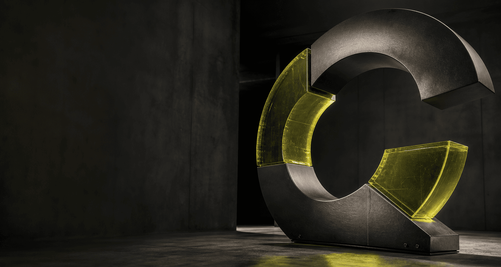 A monumental modular C sculpture made from dark metal and luminous chartreuse glass