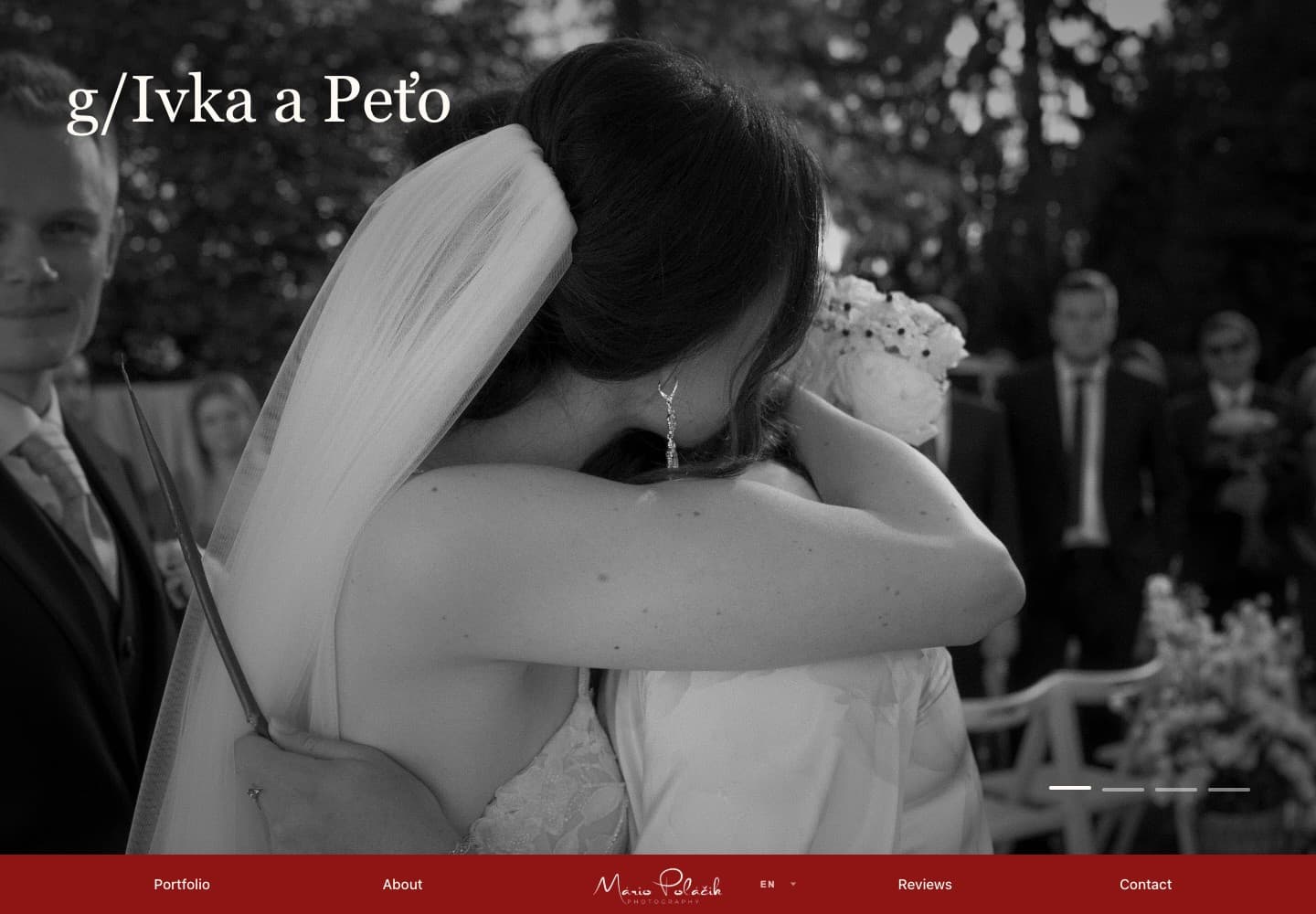 Mário Poláčik Photography homepage with a black-and-white wedding photograph