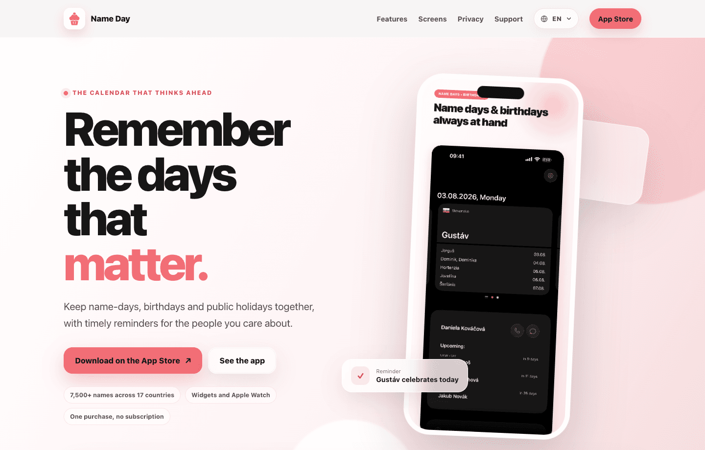 Name Day landing page with a coral hero and iPhone app preview